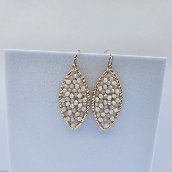 Boho Chic Gold and Cream Beaded Dangle Earrings - Picture 4 of 5